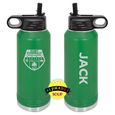 Stainless steel water bottle with etched logo and name