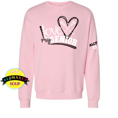 Bella Canvas Crewneck Sweatshirt with the Love My Senior design and name and number on the sleeve