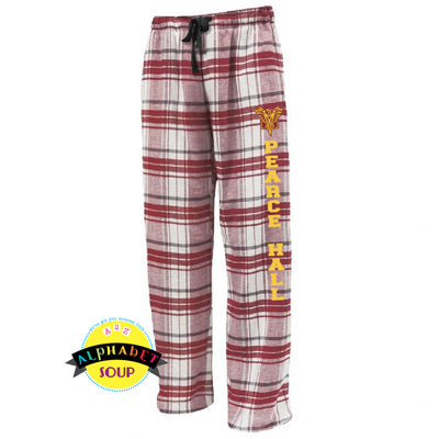 White & Maroon Pennant flannel pants with Pearce Hall down the leg.