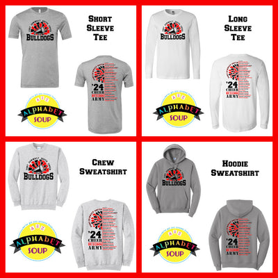 Team Roster design available in short sleeve tees, long sleeve tees, crewneck sweatshirts, and hoodie sweatshirts.