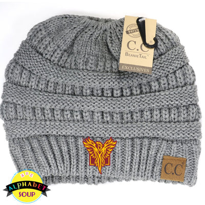 CC Beanietail in grey with the Pearce Hall logo embroidered on the beanie.