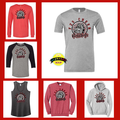 Camo FZS Cheer Bulldogs collage tees and sweatshirts