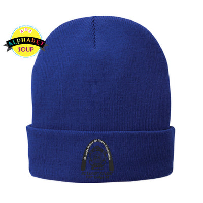 St Louis Police Officers Association logo embroidered on the lined cuffed beanie hat