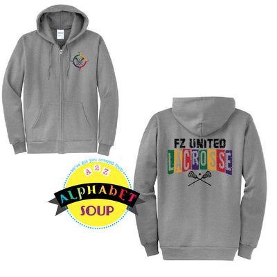 Port & Co full zip hoodie with left chest logo and FZ United Girls Lacrosse Design on the back.