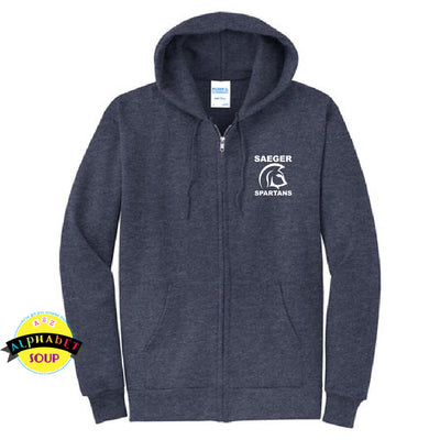 Port and Co full zip hooded sweatshirt embroidered with the Saeger Middle School logo
