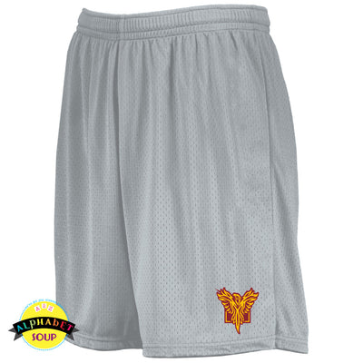 Silver Augusta Mesh Shorts with the Pearce Hall logo