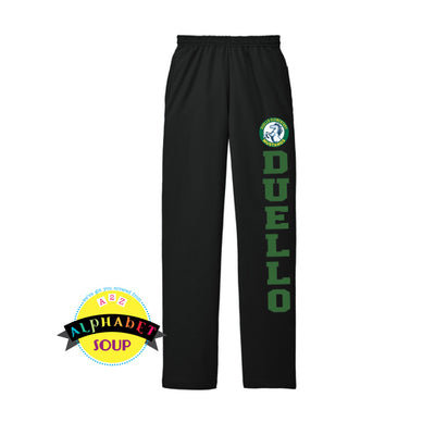 Open bottom sweatpants with the Duello Logo and name down the leg.