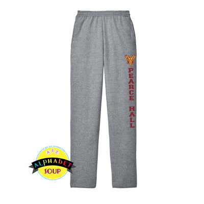 Port and Co open bottom cuff sweatpants with Pearce Hall down the leg.