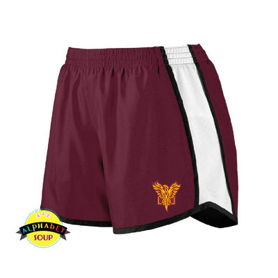 Augusta Pulse Girls running shorts in maroon and white  with the Pearce Hall logo