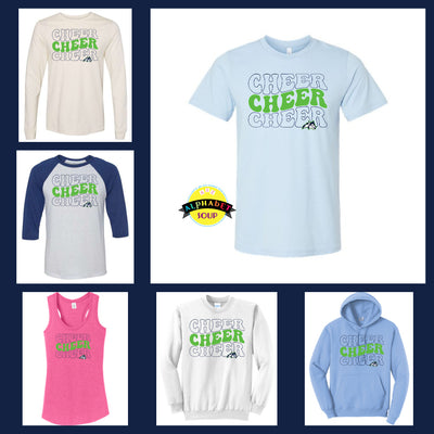 Jr Wolves Repeating Cheer Design on tees and  sweatshirt collage