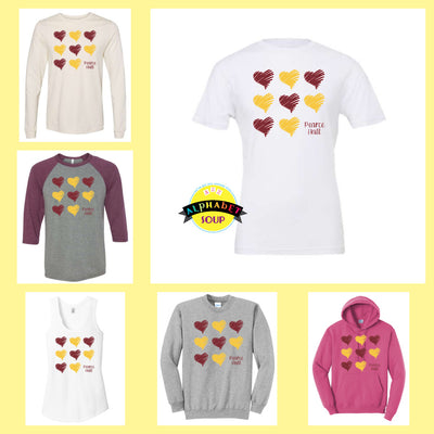Pearce Hall Scribble Hearts chart of tees and sweatshirts