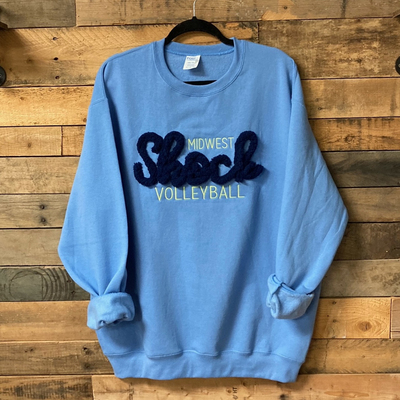 Port & Co Core Crewneck Sweatshirt embroidered with Midwest Volleyball and Shock in Chenille Yarn.