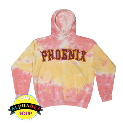 Funnelcake Colortone Tie Dye Hoodie with Pearce Hall Arched Phoenix design
