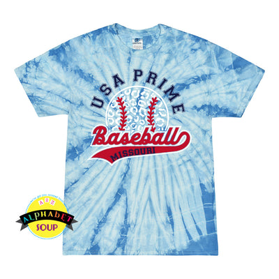 Colortone tie dye tee with the USA Prime leopard baseball design
