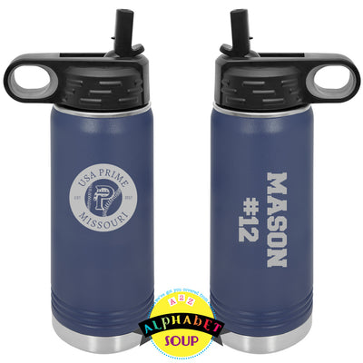 JDS water bottle with USA Prime Missouri Logo etched on one side and name & number on the other side.