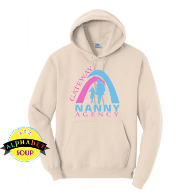 Gateway Nanny Agency Logo on a Port and Company hooded sweatshirt.