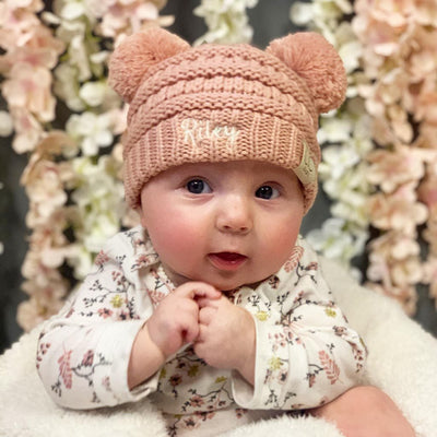 Embroidered Baby Double Pom Beanie
