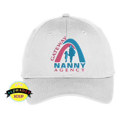 Basic White Baseball hat with the Gateway Nanny Agency Logo