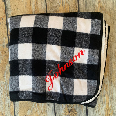 Black/Ivory Buffalo Check Sherpa Blanket personalized with name