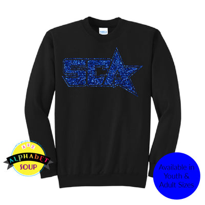 Black Crewneck Sweatshirt with the SCA logo in Blue glitter vinyl