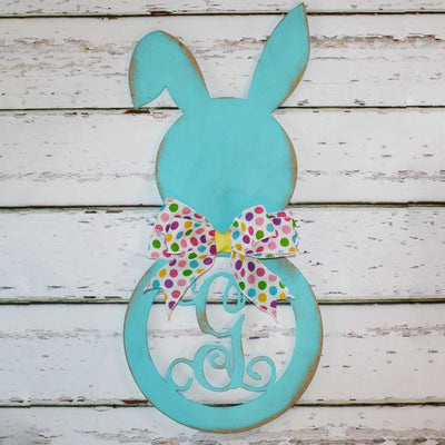 Wood Easter Bunny with Initial (finished in Light Blue)