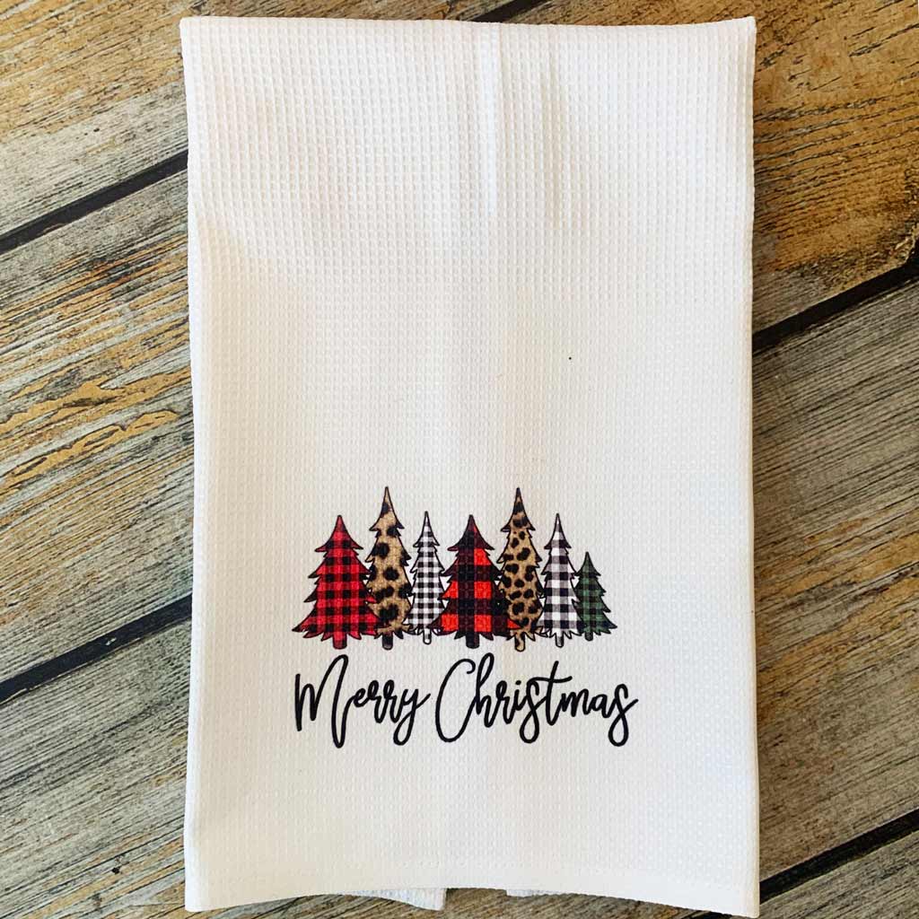 Personalized Christmas Tree Kitchen Towel, Buffalo Plaid Leopard