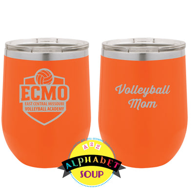 Two orange tumblers with 'ECMO' and 'Volleyball Mom' text