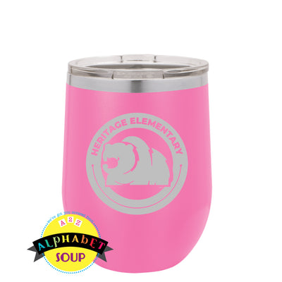 heritage elementary logo on stainless wine tumbler 12 oz in pink