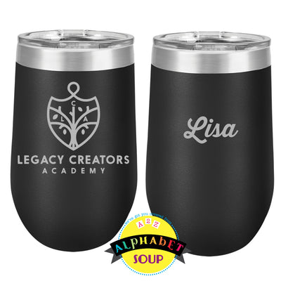 16 oz stemless tumbler with Legacy Creators Academy etched logo