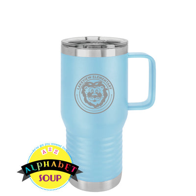 20 oz travel coffee mug with Lakeview Elementary logo on front. Your choice of mug color