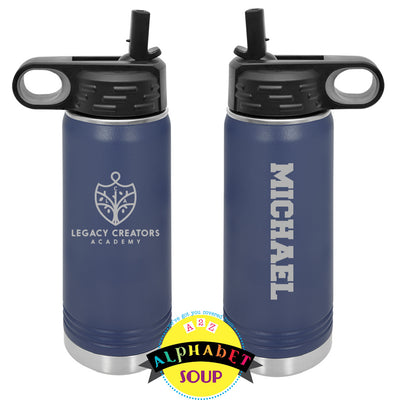 water bottle with etched Legacy Creators Academy logo