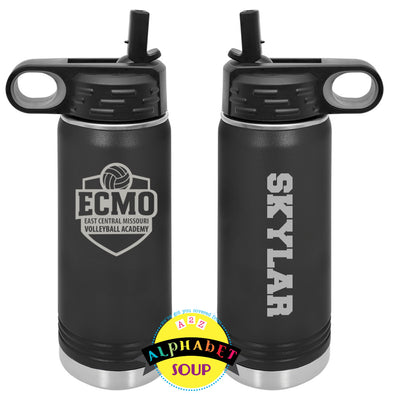 Two black water bottles with etched logos and names 