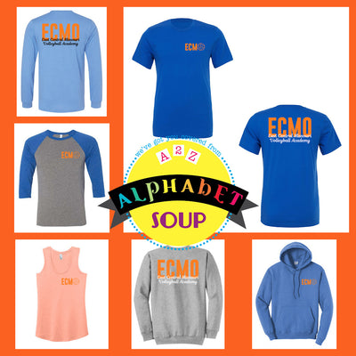 Collection of clothing items with 'ECMO' Volleyball design
