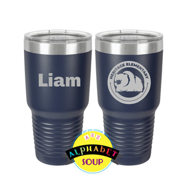heritage elementary logo on stainless etched tumbler navy 30oz