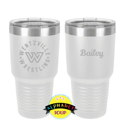 30 oz Stainless Cup with WWF logo etched on the front and a name on the back for an additional $5 if you choose 