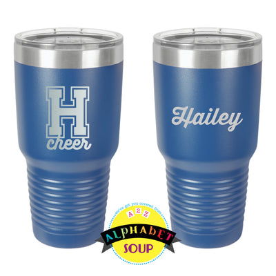 JDS etched tumbler with the Howell H cheer and name.