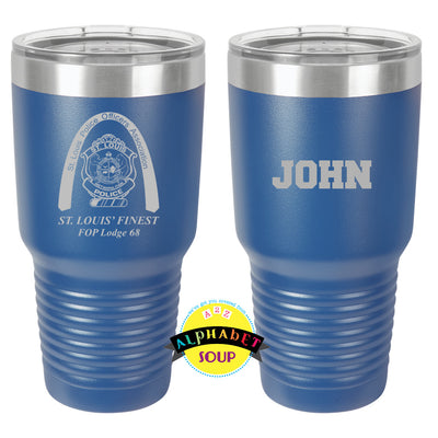 St. Louis Police Officers Association and name etched into the JDS 30oz blue tumbler