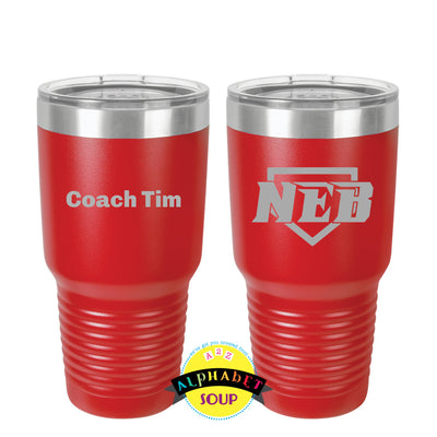 30 oz tumbler with etched logo on back and name on front