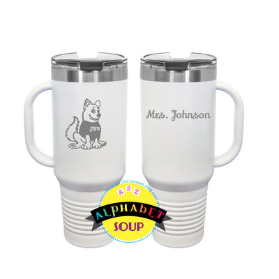 John Weldon elementary travel mug etched with the wolf logo and name