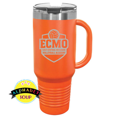 Orange travel mug with ECMO logo  etched on the front.