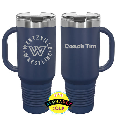 40 oz Tumbler with handle with WWF logo etched on the front and a name on the back for an additional $5 if you choose 