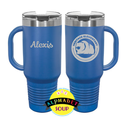 heritage elementary logo on 40 oz stainless tumbler with handle 
