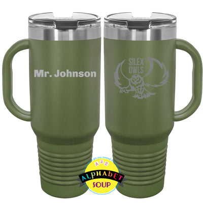 40 oz tumbler with handle and straw with silex etched logo on front