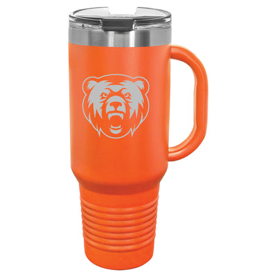 JDS travel mug with handle etched with the North Point Middle logo