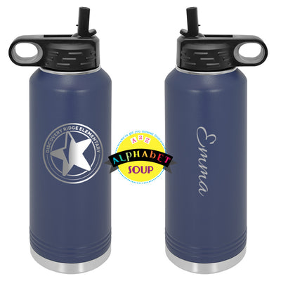 JDS 40oz Waterbottle with Discovery Ridge Elementary logo etched on one side and a name on the other side.