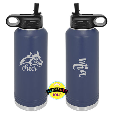 JDS Etched water bottles with the Timberland Jr Wolves Cheer Logo and Name