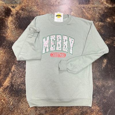 Sage green sweatshirt with arched Merry Christmas