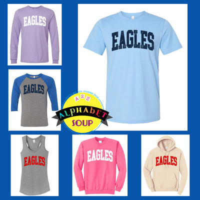 Liberty High School Arched Distressed Eagles Design on tees and sweatshirts
