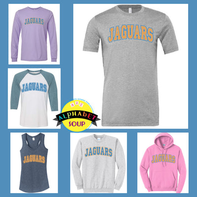 Journey elementary arched Jaguars design on tees and sweatshirt collage.