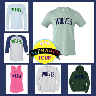 Wentzville South Middle Arched Wolves Design Tee and Sweatshirt collage